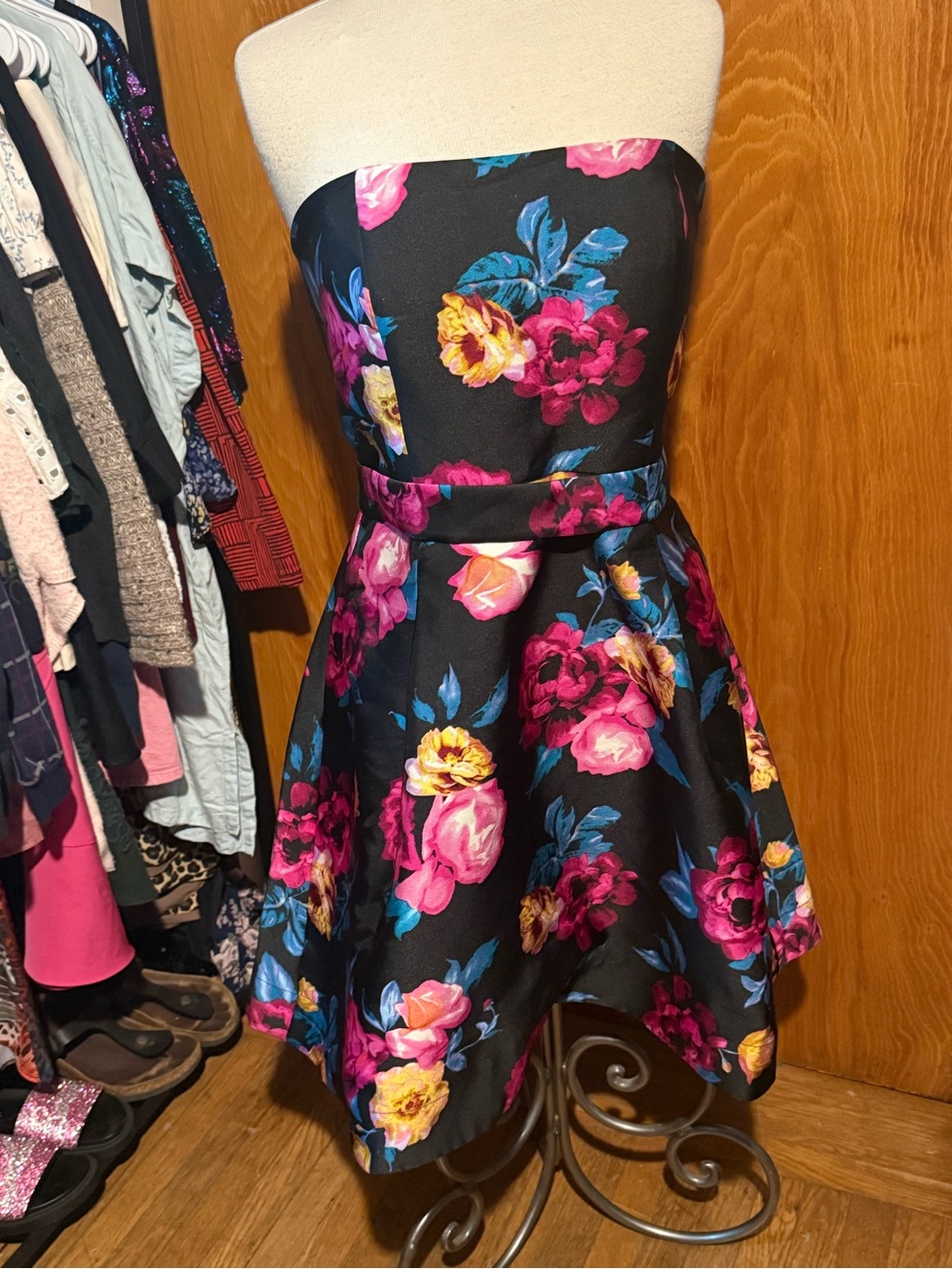 Betsey Johnson Black Strapless Floral Party Dress with Pink & Yellow Blooms